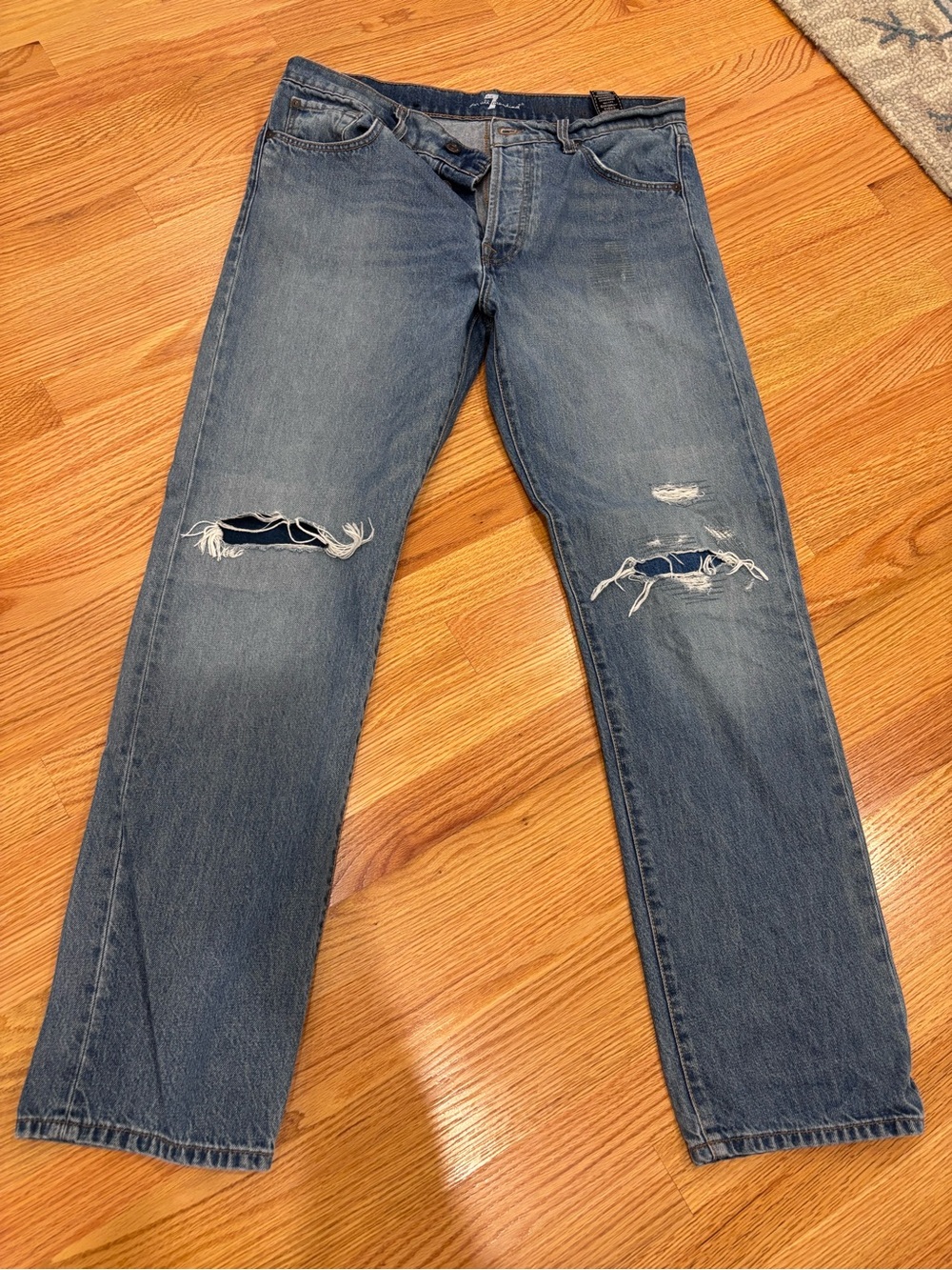 7 For All Mankind Men's Distressed Straight Jeans - Blue Wash